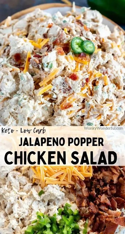 This Jalapeno Popper Keto Chicken Salad Recipe is a quick, easy low carb lunch or dinner. Chicken salad dressed up with cream cheese, cheddar, bacon and jalapeno. #chickensaladrecipes #jalapenopopperrecipes #lowcarbrecipes #ketorecipes #lowcarb #keto #chickenrecipes Keto Chicken Salad Recipe, Easy Low Carb Lunch, Easy Low Carb Lunches, Keto Chicken Salad, Cheese Cheddar, Salad Salad, Jalapeno Chicken, Cold Lunches, Jalapeno Popper