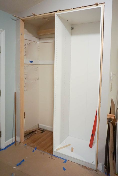 Updating a 1980’s Reach-In hall closet Part 2 - Installing A Pax System from Ikea - Pantry Update, Front Hall Closet, Kitchen Pantries, Pax Closet, Ikea Pax Closet, Ikea Built In, Pax System, Royal Design Studio Stencil, Entryway Closet