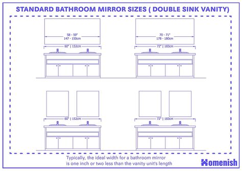 [Sponsored] Standard Bathroom Mirror Sizes (With 8 Drawings) - Homenish #bathroomvanitymirrorsinglesink Double Vanity Sink Ideas, Mirror Size Guide For Double Vanity, Double Sink Bathroom Vanity One Mirror, Mirror Over 60 Inch Vanity, Mirror Size For 60” Vanity, Single Light Over Bathroom Mirror, Double Sink Vanity Mirror, Bathroom Mirror Placement Guide, 60 Inch Double Vanity Mirror Ideas