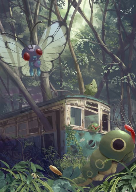 Pokemon Bug Trainer, Pokémon Background, Plant Pokemon, Train Tree, Bug Type, Pokemon Painting, Pokemon Project, Surealism Art, Pokemon Backgrounds