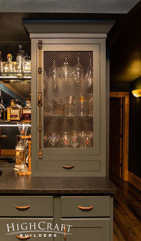 Speakeasy-Basement-Remodel-Glassware-Cabinet Speakeasy Style Basement, Corner Basement Bar, Basement Bar Cabinets, Modern Speakeasy, Speakeasy Basement, Glassware Cabinet, Bar Cabinetry, Basement Speakeasy, Bar Nook