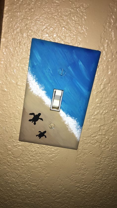 I painted the light switch cover in our walkway while my parents were alseep to see their reaction😬....... my mom loved it 😂 #painting #lightswitch #ocean #seaturtle #diy #diyhomedecor Painted Plug Covers, Ocean Light Switch Cover, Painting Light Switch Covers Ideas, Light Switch Covers Painting, Light Switch Cover Painting Ideas, Diy Light Switch Cover Ideas Paint, Painting Ideas On Light Switch, Lightswitch Ideas Painting Aesthetic, Cute Light Switch Covers Diy Paint