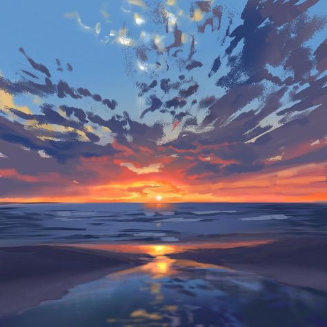 Sunset Background Digital Art, Sunset Environment Concept Art, Digital Art Sunset Tutorial, Digital Ocean Art, Sunset Character Design, Landscapes Procreate, Drawings Of Sunsets, Sunset Drawing Digital, How To Draw A Sunset