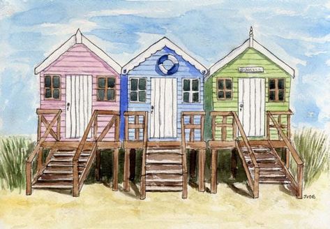 Beach Huts Art, Watercolor Paintings For Beginners, Beach Huts, House Drawing, Tropical Art, Beach Hut, Beach Painting, Watercolor Inspiration, Photo Images