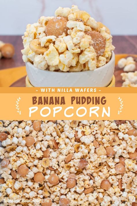 Looking for a new snack mix? Try our Banana Popcorn recipe! This easy-to-make treat is perfect for satisfying your sweet cravings while enjoying a movie night. With its banana pudding flavor and crunchy vanilla cookies, it's a fun no-bake snack that you won't be able to resist. Popcorn Corn On The Cob Bags, Hulless Popcorn Recipes, How To Package Popcorn To Sell, Flavor Popcorn Recipes Easy, Popcorn Food Truck, Popcorn Mix Ins, Recipes With Popcorn, Popcorn Topping Ideas, Loaded Popcorn