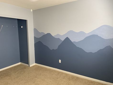 Blue Mountain Nursery Wall, Wall Mountain Painting, Mountain Room Theme, Mountain Nursery Wall Diy, Blue Mountain Wall Mural, Blue Mountain Mural, Mountain Painted Wall, Blue Boys Room Paint, Baby Room Mountains