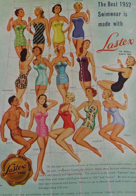 Vintage swimsuit/lastex advert from Vogue magazine May 1952 - "The Best 1952 Swimwear is made with Lastex". Features suits from Jantzen, Trulo, Martin White etc. I love the novelty mermaid print one from Windsor! 50s Magazine, Midcentury Fashion, Jantzen Swimwear, 50s Clothing, 50s Outfits, Vintage Swimsuit, Mermaid Print, Fashion 1950s, Vintage Swimwear