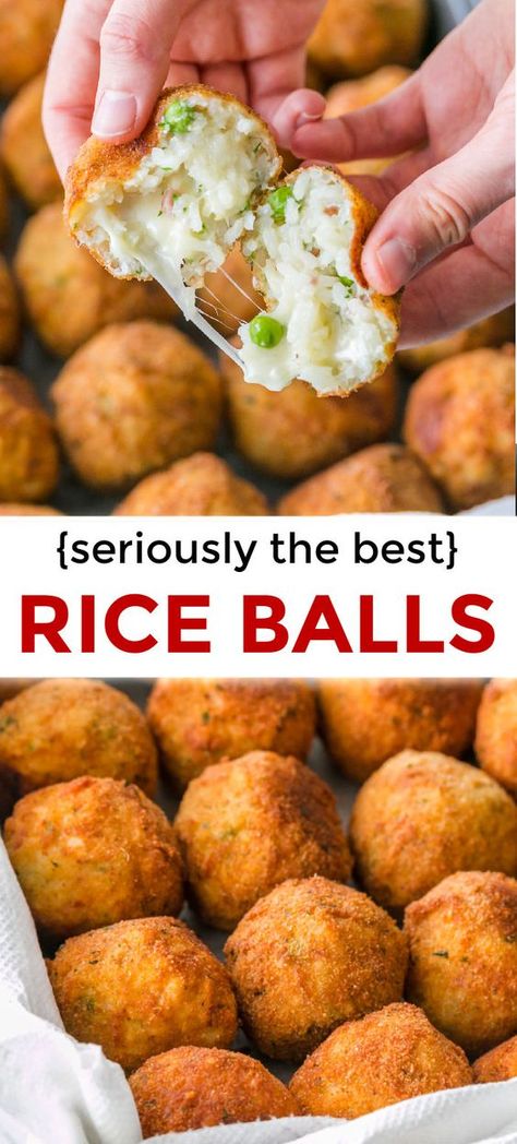 Cheesy Rice Balls, Deep Fried Rice, Fried Rice Balls, Arancini Balls, Arancini Recipe, Deep Fried Appetizers, Cheesy Rice, Arroz Frito, Rice Balls