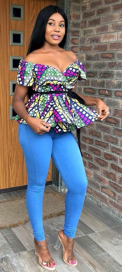 Ankara Tops On Jeans, Tops On Jeans, Ankara Off Shoulder Top, Ankara Tops, Afrocentric Fashion, African Print Tops, African Print Skirt, Ghanaian Fashion, African Fashion Designers