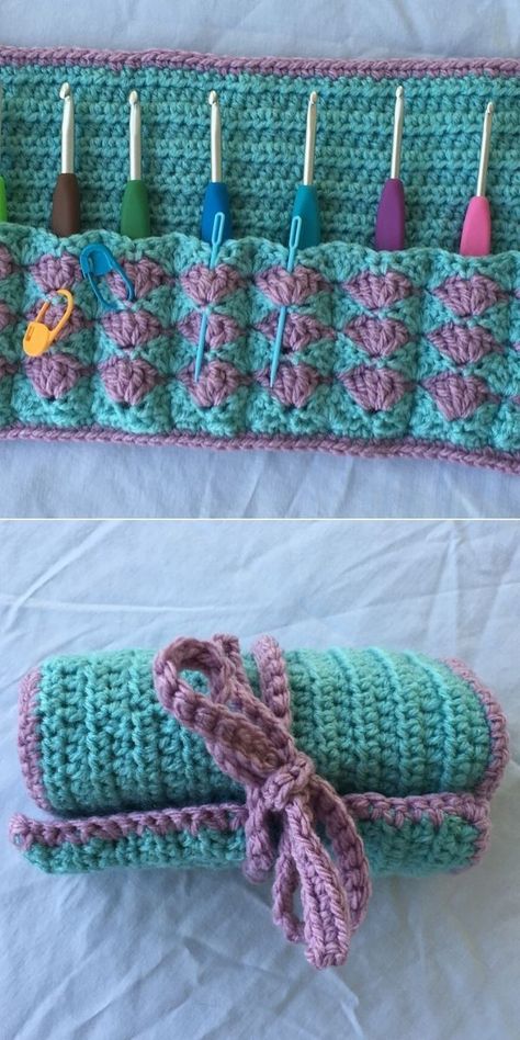 Roll Up Crochet Hook Case Free Pattern, Crochet Tool Organizer, Crocheted Crochet Hook Holder, Crochet Hook Organizer Pattern Free, Crochet Holder For Hooks, Crochet Pouch For Hooks, Crochet Brush Holder, Crochet Hook Pouch Free Pattern, Crochet Hook Holder Free Pattern