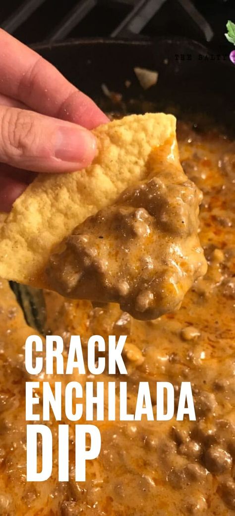 Enchilada Crack Dip recipe, wow, reader favorite its so addictive! #dip #mexicandip Dips And Chips Recipes, Best Dips With Tortilla Chips, Best Dip For Tortilla Chips, Cheap Party Dips, Siete Tortillas Recipes, Hot Dips Recipes, Hot Dips For Parties Appetizers, Savory Snacks For Party, Dips And Appetizers For Parties