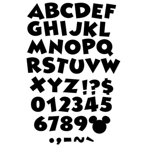 Eureka® Mickey Mouse® Throwback Black Deco Letters, 216 Characters Per Pack, 3 Packs | Try Eureka Reusable Punch Out Letters. Printed on coated paper with brilliant rich color, they are perfect for creating personalized projects in displays. Each punch-out, reusable letter measures 4", printed on long-lasting coated paper. Each pack includes 216 characters. Sold as 3 packs for a total of 648 characters. Mickey Mouse Letters, Disney Letters, Disney Alphabet, Holiday Fonts, Christmas Fonts, Cursive Fonts, Wedding Fonts, Punch Out, Elegant Font