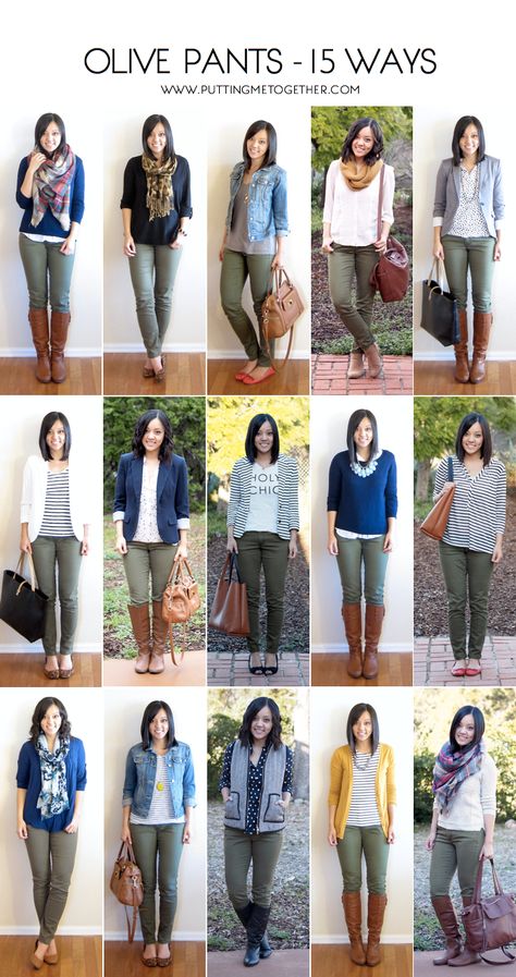 How to Wear Olive Skinny Jeans - 15 Ways Outfits Pantalon Verde, Green Pants Outfit, Hiking Tattoo, Olive Pants, Mode Tips, Look Jean, Olive Green Pants, Mode Casual, Wear Green