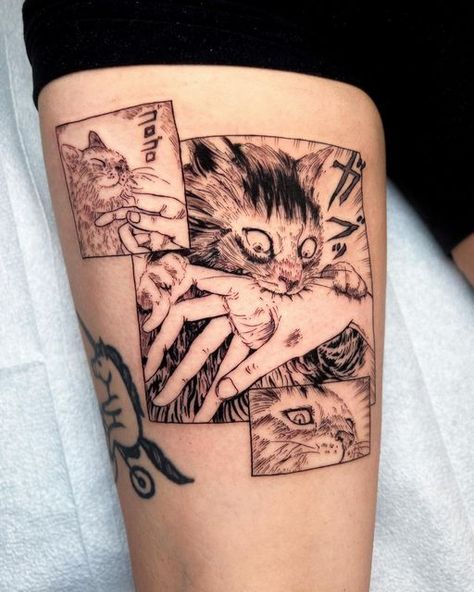 ✨laurelupo✨ on Instagram: "✨CHOMP✨ I’ve been wanting to to some Junji Ito cats for so long! More please! 😼 Back of the thigh is a tough spot but Stefa sat so well for it, thank you! 🖤 Hope everyone has a wonderful Otakuthon weekend, I’ll see you there 🙌" Montreal Tattoo, Funky Tattoos, Wicked Tattoos, Cat Tattoos, Cute Little Tattoos, Tatuaje A Color, Junji Ito, Funny Tattoos, Aesthetic Tattoo