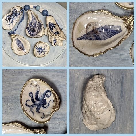 Handcrafted Decoupaged Oyster Shells Turtles Octopus Seashells Beach Themed Wood Beads Ribbon And Charm Accents, Made By Me, Acrylic Finish On Both Sides, Great Decor For A Beach Cottage Or Home, Unique Art To Keep Or Gift, Shells Are Approximately 3 To 4" Edged In 18k Gold 5 Shells In This Grouping, Trinket Dish, Hanging Double Sided & Accents To Scatter Around The Room Or Porch, I Can Customize Other Themes, See My Other Listings For A Sampling. Oyster Shells Diy, Shells Decor, Oyster Shells Decor, Diy Coastal Decor, Oyster Art, Spoon Craft, Coastal Crafts, Shells Diy, Shell Decor