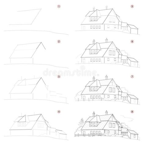 How create step by step pencil drawing. Page shows how to learn successively draw cute country house. Print for artists school textbook. Developing skills for stock illustration 3d House Drawing Easy, Mansion Drawing, Trin For Trin Tegning, How To Draw Stairs, Step By Step Sketches, Basic Sketching, Perspective Drawing Architecture, Perspective Drawing Lessons, Architecture Design Sketch