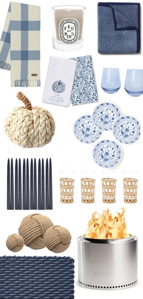 Blue And White Fall Decor, Coastal Fall Decor Ideas, Teal Fall Decor, Coastal Fall Decor, Good Mum, Blue And White Living Room, Coastal Fall, Blue Wine Glasses, Front Stoop