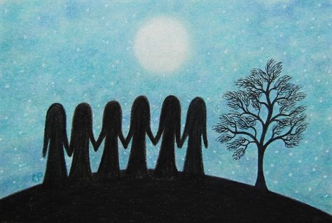 Six Friends Card, Moon Sisters Card, Silhouettes, Christmas Card, Tree Girl Friend Art Card, Spiritual Blank Card, Stars Moon, Birthday Card Framed Silhouettes, Five Sisters, Sisters Drawing, Spiritual Pictures, Silhouette Pictures, Images D'art, Sister Pictures, Sisters Art, Christmas Gifts For Sister