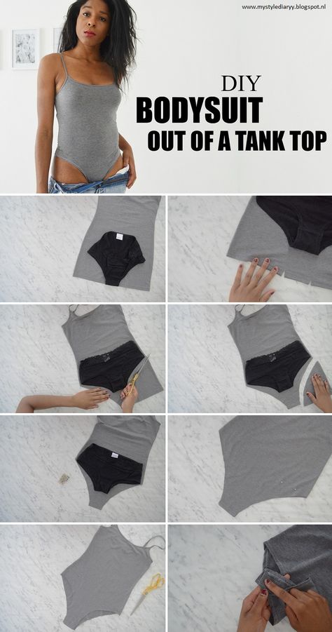 Here is a way to transform your old tank top into a bodysuit. Bodysuits are extremely trendy! With this tutorial you will save a lot... Diy Bodysuit, Pola Rok, Diy Sy, Haine Diy, Diy Vetement, Kleidung Diy, Ropa Diy, Diy Couture, Refashion Clothes