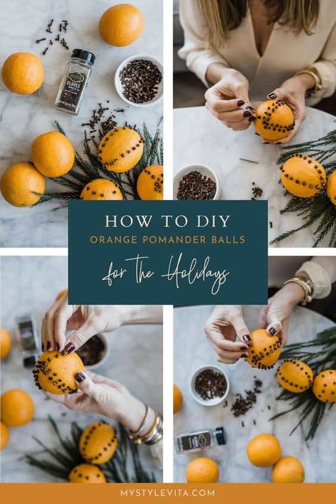 How to easily make orange pomander balls with cloves for Christmas. Check out this easy step by step tutorial DIY for a festive citrus fruit centerpiece for the holidays like Thanksgiving and Christmas. #DIY Pomander Balls Christmas, Pomanders How To Make, Christmas Pomander, Orange Pomanders, Creative Homemade Gifts, Pomander Balls, Fruits Decoration, Fruit Centerpieces, Entertaining Tips