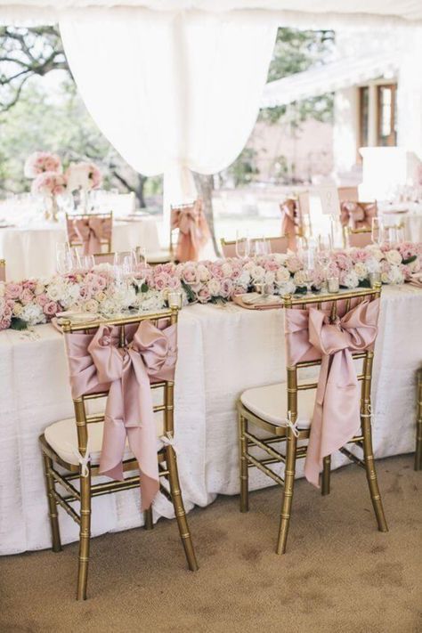 Rose Pink Wedding, Wedding Table Pink, Dusty Pink Weddings, Pink Wedding Colors, Gold Wedding Colors, Pink Wedding Inspiration, Wedding Chair Decorations, Pink Wedding Theme, Pink And Gold Wedding