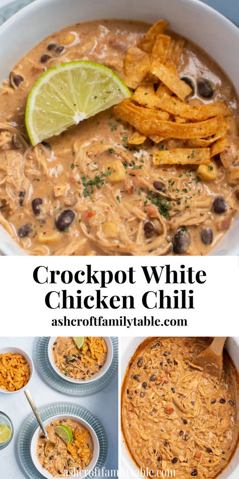 Crockpot white chicken chili with cream cheese served as a fall dinner. Croc Pot Fall Recipes, Easy Healthy Crockpot Dinners, Crock Pot Fall Recipes, Crockpot Fall Meals, Fall Dinner Ideas Crock Pot, Chicken Fall Recipes, Crockpot White Chicken Chili Easy, Easy Weeknight Dinners For Family, Crock Pot Meals Healthy