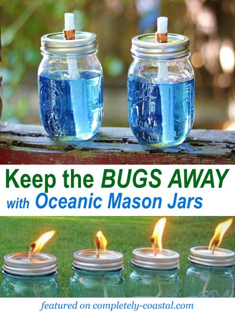 These mason jar tiki torch lamps not only keep the bugs away but they have an oceanic vibe, especially if you use blue Mason jars. And beach them up by adding some seashells on the bottom! Featured on Completely Coastal. House Fly Repellent, Mason Jar Citronella Candles, Bug Deterrent, Diy Citronella, Jars Ideas, Jar Projects, Whiskey Bottles, Diy Mason Jar, Wine Bottle Diy Crafts