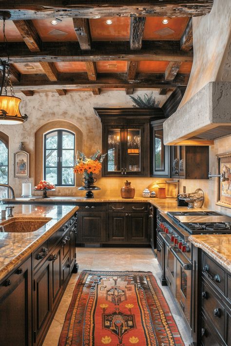 Spanish Western Home Decor, Spanish Villa Kitchen, Spanish Villa Interior, Ranch House Interior Design, Spanish Kitchen Design, Modern Mexican Decor, Hacienda Style Kitchen, Garden Gate Ideas, Villa Kitchen