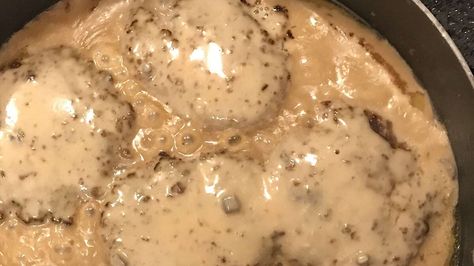 Hamburgers with Mushroom Gravy Recipe | Allrecipes Hamburgers In Mushroom Gravy, Hamburger In Cream Of Mushroom Soup, Gravy Hamburger Patties, Hamburgers In Mushroom Soup, Salsbury Steak Cream Of Mushroom, Cream Of Mushroom Hamburger Steak, Hamburgers With Mushroom Gravy, Hamburger With Mushroom Soup, Hamburger With Mushroom Gravy