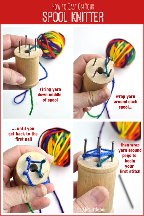 How to Cast On Homemade Spool Knitter Diy Tricot, Spool Crafts, Spool Knitting, Knifty Knitter, Wood Spool, Lucet, French Knitting, Finger Knitting, To Cast