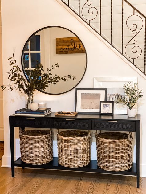 Shop Decorative Round Kooboo Rattan … and other curated products on LTK, the easiest way to shop everything from your favorite creators. Entryway Table Decor By Stairs, Side Of Stairs Decor Ideas, Entryway Black And White, Black Console Table Decor, Stairs Entryway, Mud Area, Summer Room Ideas, Hallway Table Decor, Console Decor