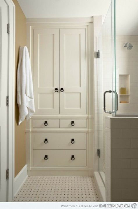 Tall Linen Storage Cabinet - Ideas on Foter Makeover Kamar Mandi, Bathroom Linen Closet, Ideas Closet, Bathroom Cabinets Designs, Bathroom Tall Cabinet, Cabinets Ideas, Bathroom Closet, Bad Inspiration, Upstairs Bathrooms