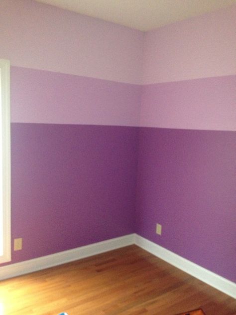 The girls' ombré purple bedroom I painted!  I used the lightest and darkest colors on a paint card. Then mixed both for the middle color.   Top half of room in lighter, bottom half in darker then painted middle section over both light and dark using trim tape. The girls love it!!! Bedroom Purple, Bilik Idaman, Baby Room Colors, Purple Bedrooms, Purple Bedroom, Purple Rooms, Room Color Schemes, Purple Walls, Trendy Bedroom