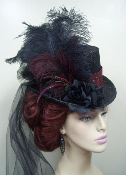 Victorian Era Black & Burgundy Hat w/ train Victorian Top, Classy Hats, Mode Steampunk, Steampunk Top Hat, Victorian Hairstyles, Victorian Hats, Steampunk Hat, Vintage Wedding Hair, Estilo Rock