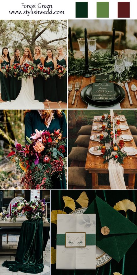 Forest Wedding Emerald Green, Dark Green Wedding With Colorful Flowers, Forest Green Boho Wedding, February Wedding Theme Ideas, Dark Green And Rust Wedding Theme, Wedding Colors Dark Green Colour Schemes, Forest Green And Dark Red Wedding, Wedding Forest Green Color Schemes, Dark Green Wedding Pallet