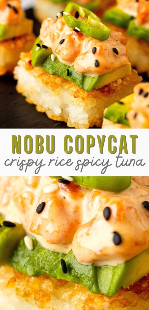 Make better-than-Nobu Crispy Rice Spicy Tuna at home! This trendy appetizer features bite-sized crispy rice topped with creamy thinly-sliced avocado, finely-chopped tuna mixed with a delicious spicy sauce, and jalapeños!Cured and canned fish options available. Nobu Recipes, Crispy Rice Spicy Tuna, Sushi Bake Recipe, Avocado Appetizer, Rice Avocado, Sushi Recipes Homemade, Sushi Bake, Tuna Recipe, Crispy Rice