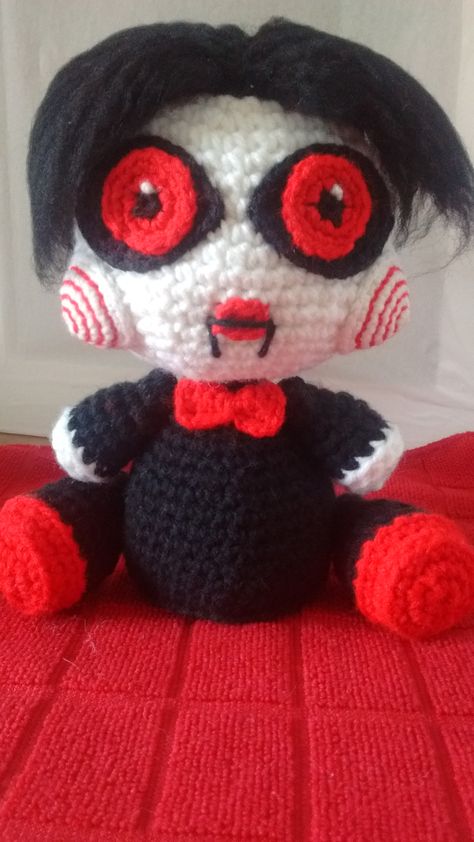 Crochet doll inspired by Jigsaw Puppet. From the Saw franchise. Crochet Jigsaw Doll, Jigsaw Puppet, Jigsaw Doll, Saw Puppet, Billy The Puppet, The Saw, Halloween 2022, Diy Knitting, Blue Walls