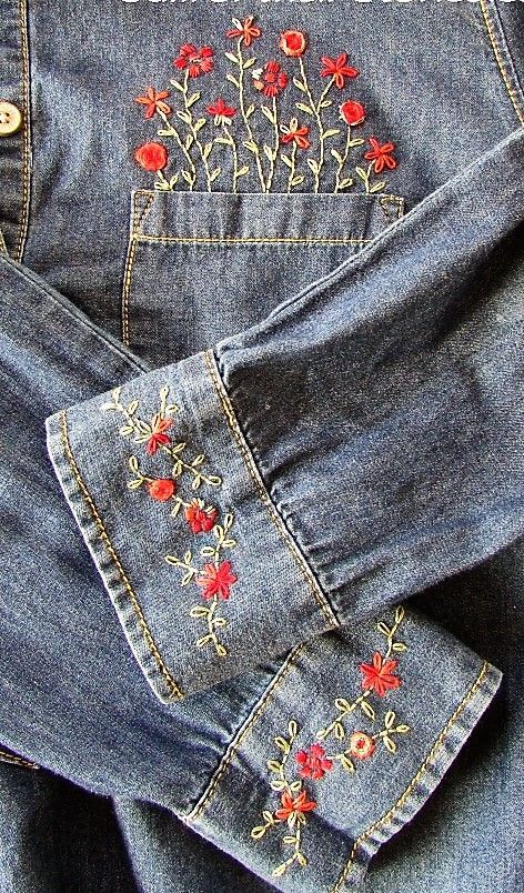 Jeans Bordados, Umgestaltete Shirts, Broderie Simple, Haine Diy, Denim Embroidery, Pola Bordir, Diy Broderie, Denim Inspiration, Denim Ideas