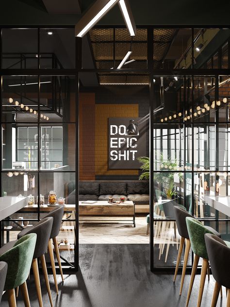 LOFT 199. on Behance Interior Design Examples, Interior Kantor, Industrial Office Design, Loft Office, Minimal Interior, Minimal Interior Design, Black Interior Design, Loft Interior, Modern Office Design