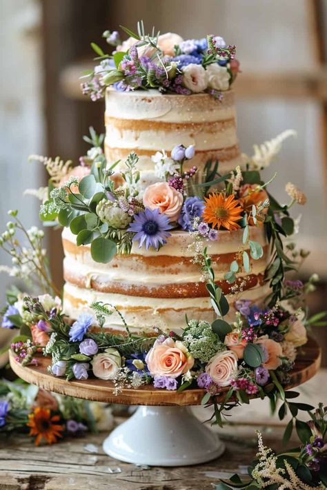 24 Beautiful Floral Wedding Cakes For Your Wedding • Floral Wedding Cakes Vintage, Wedding Cake With Colorful Flowers, Simple Wedding Cake With Flowers, Simple Vintage Cake, Colorful Wedding Cake, Cupcake Torte, Peony Cake, Buttercream Designs, Fondant Creations