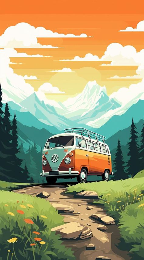 Vw Bus Art, Journey Illustration, Vw Buzz, Bus Illustration, Beautiful Nature Landscape, Ipad Drawing, Vw Art, Combi Vw, Ipad Drawings