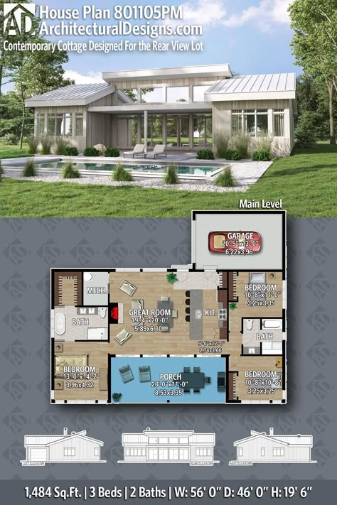 House Plan 801105PM gives you 1400 square feet of living space with 3 bedrooms and 2 baths Lake House Floor Plans One Story, 2 Bedroom 2 Bathroom House Plans, 1500 Sq Ft House Plans 2 Story, 1400 Sq Ft House Plans, Finished Basement Floor Plans, 1500 Sq Ft House Plans, One Level House Plans, Cottage Small, 1500 Sq Ft House