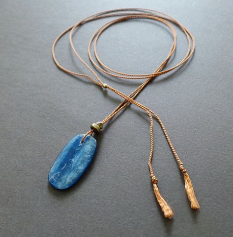 Blue Kyanite Slab Silk Long Necklace  Special Red Stone Necklace, Celtic Necklace, Shark Tooth Necklace, Tooth Necklace, Black Onyx Necklace, Turquoise Bead Necklaces, Onyx Necklace, Coral And Gold, Gold Necklace Set