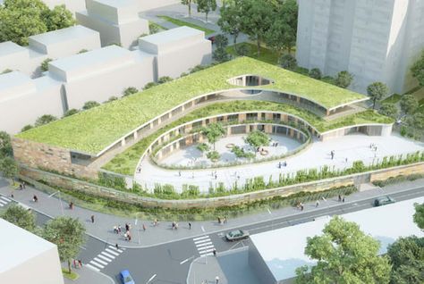 mikou design studio: bobigny school complex, france - designboom مركز ثقافي, Archi Design, Sustainable City, Green Architecture, Architecture Design Concept, Roof Design, City Design, Green Roof, School Architecture