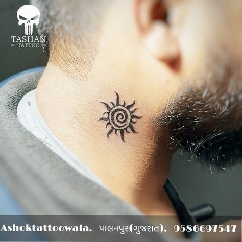 Sun Tatoos Behind The Ear, Sun On Neck Tattoo, Dhanush Tattoo, Tattoo On Neck For Men, Sun Tattoo Neck, Sun Neck Tattoo, Men’s Neck Tattoos, Henna Neck, Men Neck Tattoo