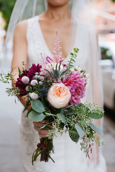 Seeded Eucalyptus, Dahlia, Astilbe and Thistle Bridal Bouquet Rose Wedding Arrangements, Astilbe Bouquet, Dahlia Wedding Bouquets, Small Bridal Bouquets, Dahlias Wedding, Wedding Flowers Peonies, Dahlia Bouquet, Peony Bouquet Wedding, Bridal Bouquet Pink