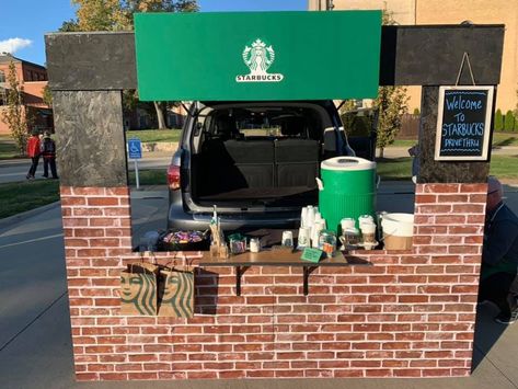 Coffee Trunk Or Treat, Starbucks Trunk Or Treat Ideas, Treat Cart, Trunker Treat Ideas, Dutch Brothers, Starbucks Party, Trunk Or Treat Ideas, Harvest Fest, Starbucks Diy