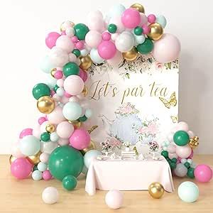 Tea Party Balloon Arch, Green And Pink Balloon Garland, Tea Party Birthday Decorations, Butterfly Tablecloth, Fairy Tea Party Birthday, Greenery Birthday Party, Tea Party At Home, Birthday Party Decorations For Women, Greenery Birthday