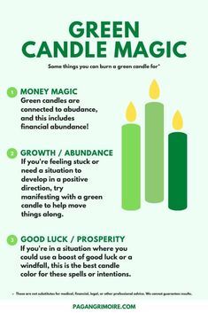 Green Candle Magic, Candle Meanings, Money Spells Magic, Candle Color Meanings, Candle Meaning, Candle Magic Spells, Money Spells That Work, Good Luck Spells, Luck Spells