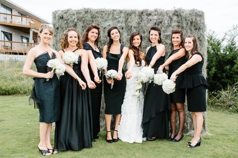 Sue Wong Wedding Dress, Black Bridesmaid Dress Mismatched, Wedding Processional, Groomsmen Tuxedos, Wedding Cake Display, Black Bridesmaid, Black Bridesmaids, Mismatched Bridesmaid Dresses, White Wedding Invitations